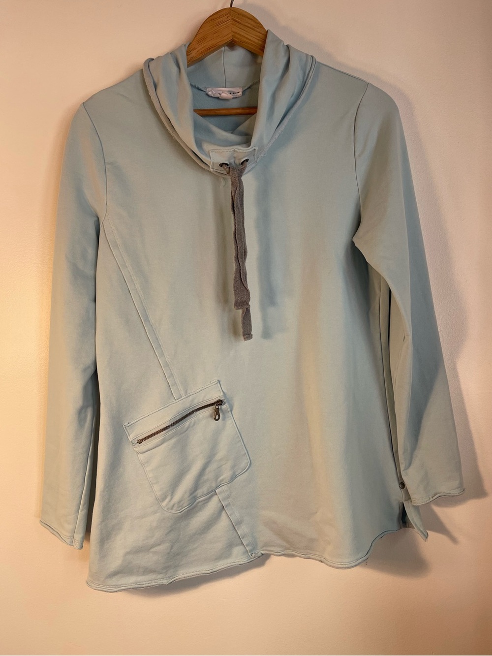Neon Buddha Light Blue Cowl Neck Tunic Pullover Sweatshirt Zipper Pocket Womens